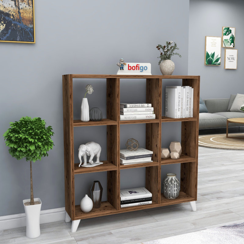 9 Cube Square Bookcase With Legs Cabinet Storage Shelving Display Wood Shelf, Burnt Oak