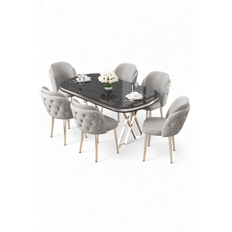 Ensemble de table et chaises de salle à manger (7 pièces), 7 pièces : table, 6 chaises, Marbre noir / Chrome, Gris