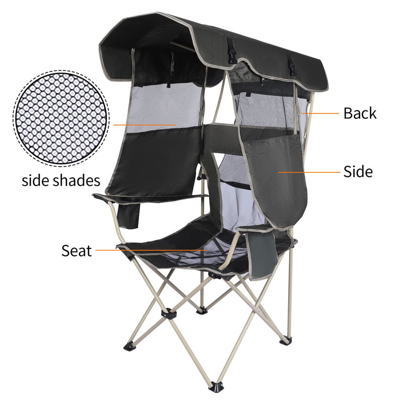 Army Green Folding Camping Chair with Retractable Shade Canopy