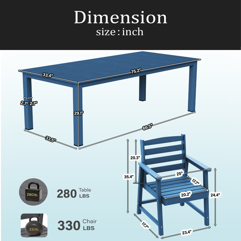 Table et chaises de salle à manger d'extérieur standard 7 pièces, convenant à de multiples décors, Bleu très foncé