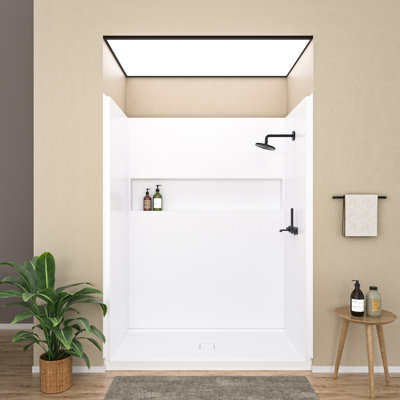 Ensemble de mur de douche et d'enceinte en alcôve 4 pièces L 60 po x l 32 po x H 80 po avec niche et drain central blanc