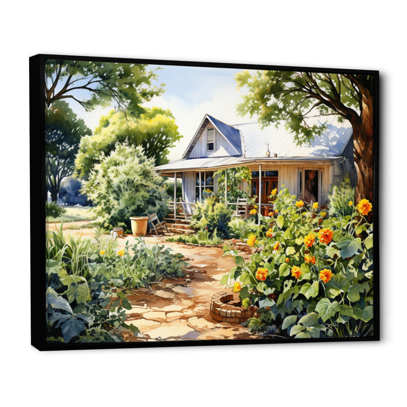 Farmhouse Frontyard Oasis II - Imprimé, H 34 po x l 44 po x P 1,5 po, Cadre flottant noir