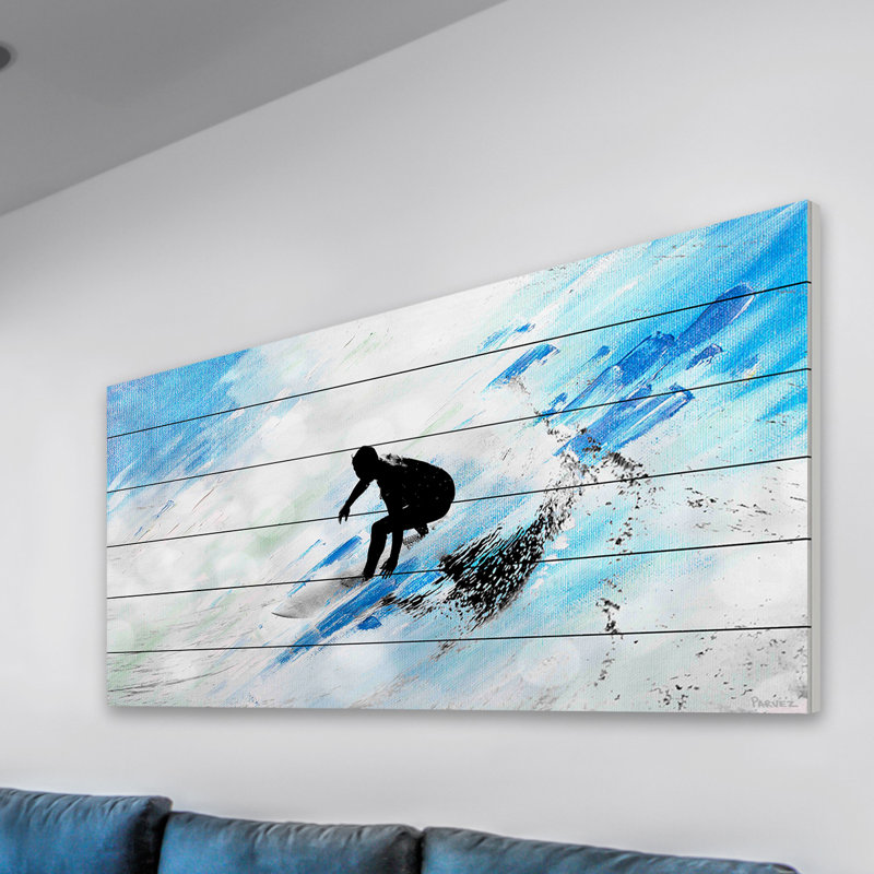 «White Surf Riding», reproduction d'art sur bois blanc, H 20 po x l 40 po x P 1,5 po