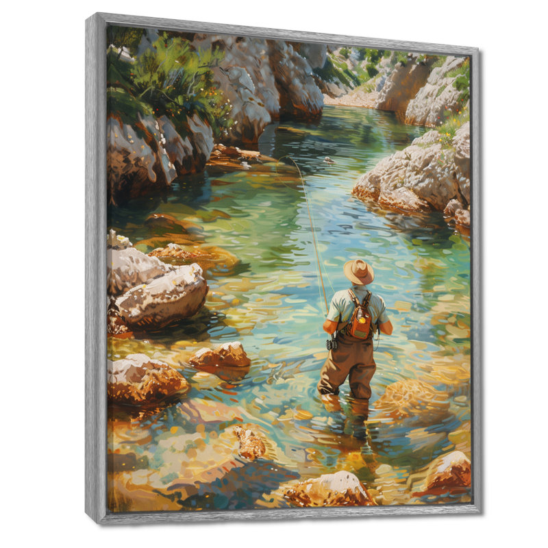 Pêche à la truite fluviale dans les montagnes II - Chasse et pêche, art mural, Toile argentée avec cadre flottant