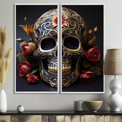 Crâne mexicain floral doré II - impressions modernes sur toile 2 pièces