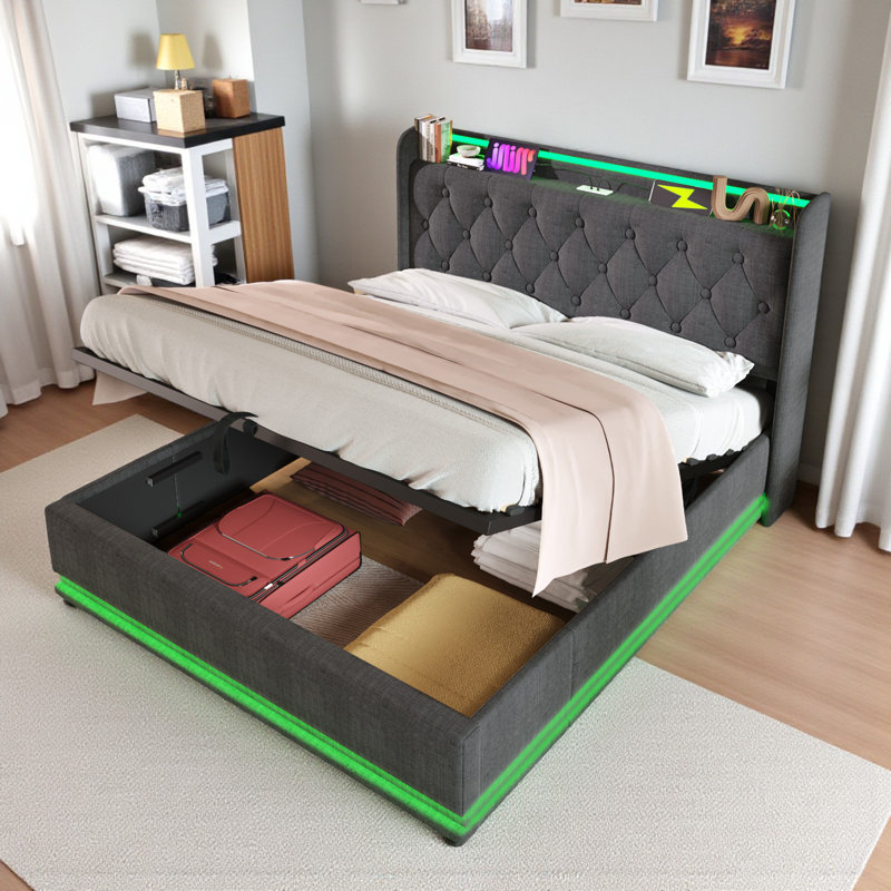 Upholstered 4Ft6 Ottoman Bed Frame With 360 Surround Led Function With Charging Function Hydraulic Storage Bed Frame With Large Storage Space  (No Mattress)