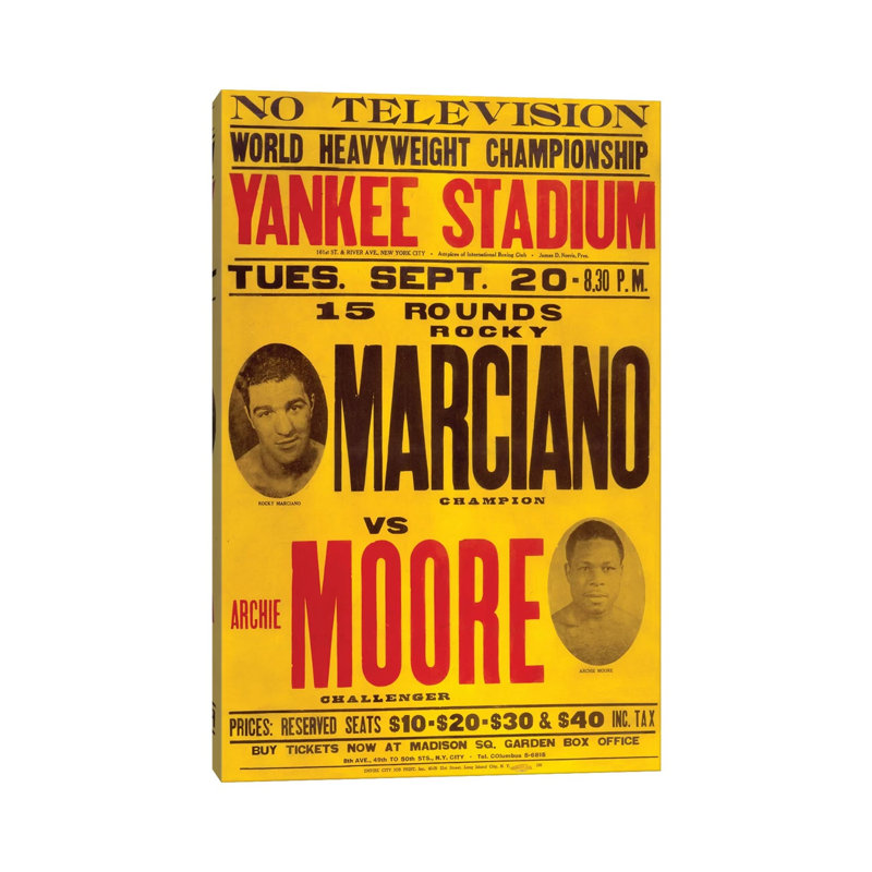 Marciano contre Moore - publicité imprimée, Aucun mat, Toile tendue, H 12 po x l 8 po x P 0,75 po