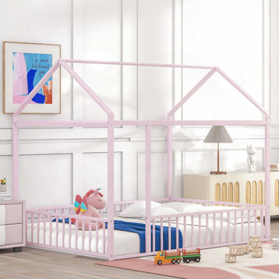 Full Metal House Bed with Fence, Pink