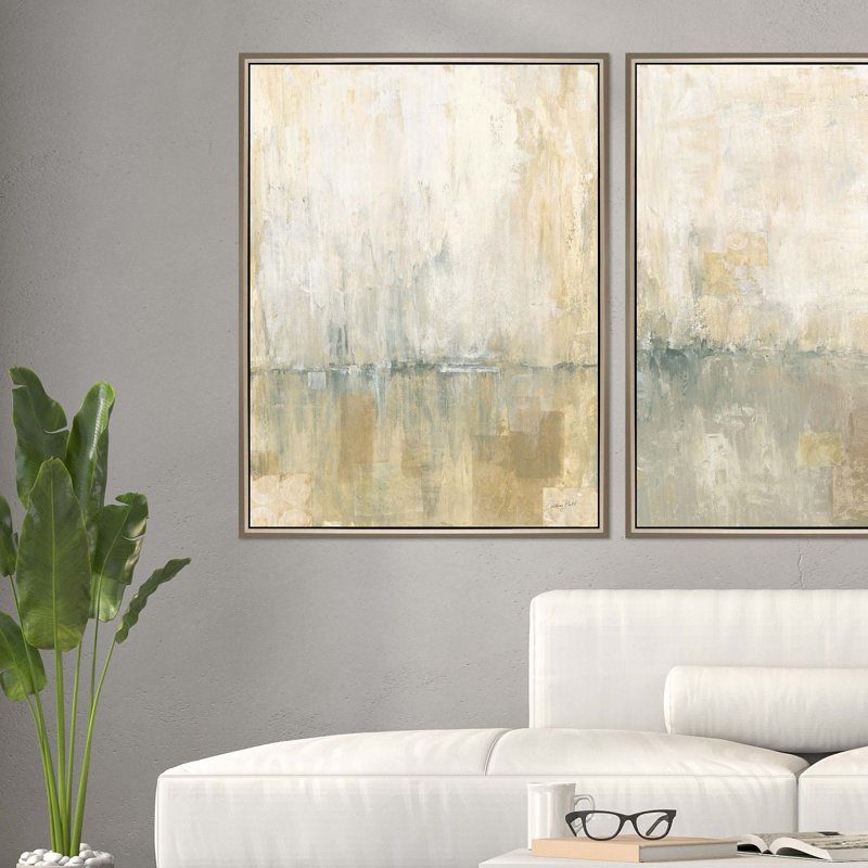 Large Beige and Gray Abstract Canvas Print with Champagne Gold Frame