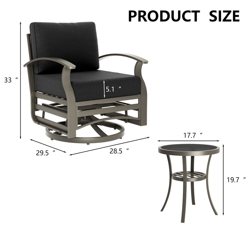 3-Piece Outdoor Swivel Glider Chair Set With Side Table, 28.5" Wide All-Aluminum Frame Patio Furniture With Water-Resistant Cushions, 360° Swivel & Gentle Gliding