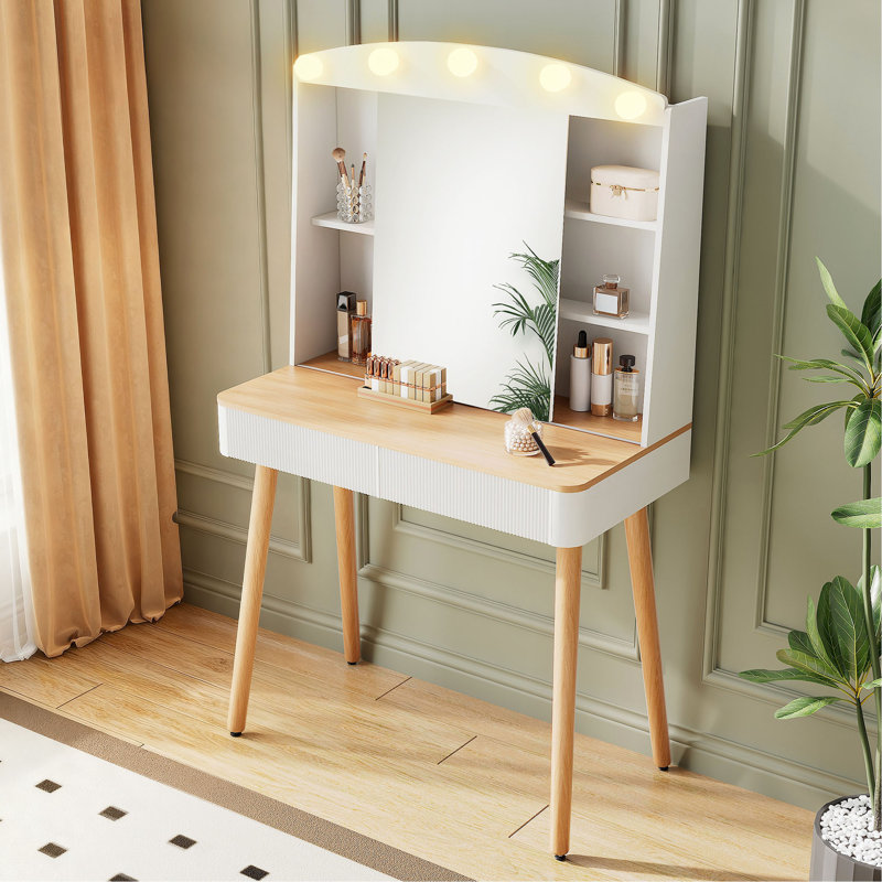 Small Vanity Desk With Mirror And Lights, Big-Capacity Storage And Sliding Mirror, Vanity Set With Two Fluted Drawers, 3 Lighting Colors Makeup Dressing Table