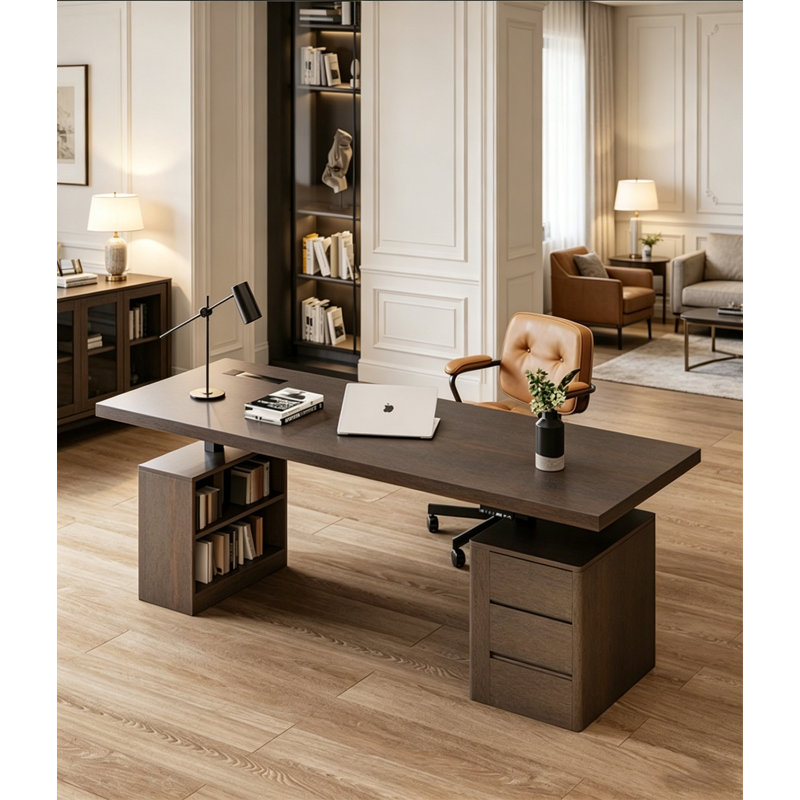 Bureau de direction moderne en bois foncé, bureau avec double caisson de rangement