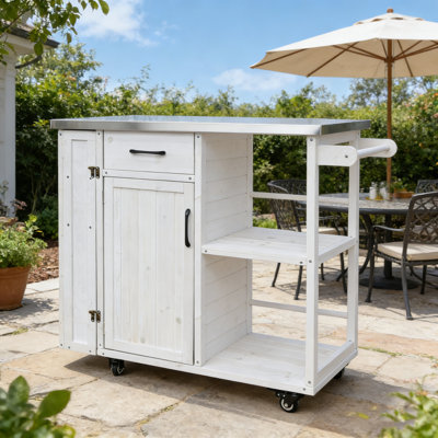Outdoor Kitchen Island Fir Wood Prep Station Lockable Kitchen Cart with Stainless Top, Ample Storage Space, Towel and Spice Racks for Patio and Outdoor