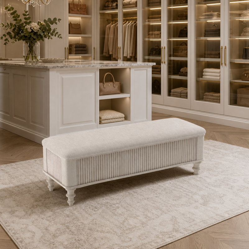 Banc de rangement rembourré 50,8 po avec structure en bois d'hévéa, siège en lin et rangement caché