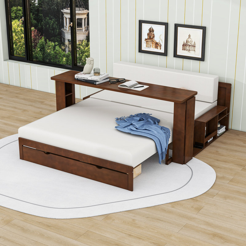 Daybed with Desk, Drawers and Side Table, Espresso, Queen
