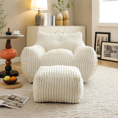 Fauteuil à billes beige, confortable pour se prélasser, rembourrage à haute résilience, construction, confort ergonomique avec repose-pieds, bon salon et chambre à coucher, mousse déchiquetée,