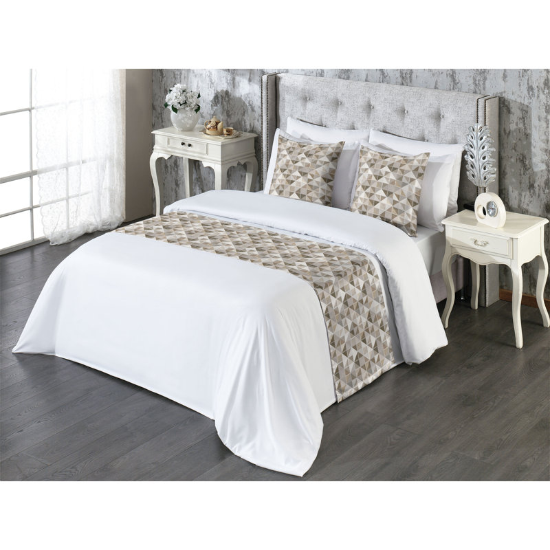 Ambesonne Mosaic Bed Runner Set Wall Art Geometric Square  Charcoal Grey Eggshell, King