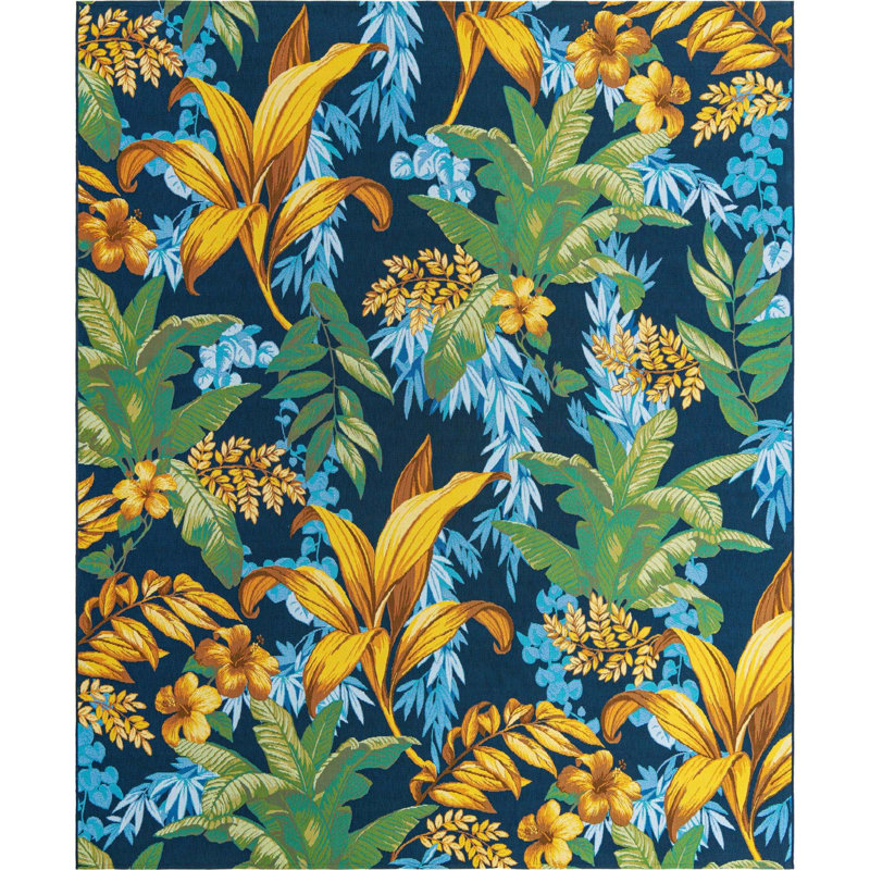 Tapis intérieur / extérieur à motif floral bleu / jaune Brett, Rectangle 10 pi x 14 pi 2 po
