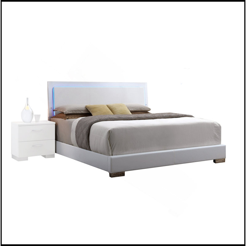 White Queen Bed With LED Light Headboard