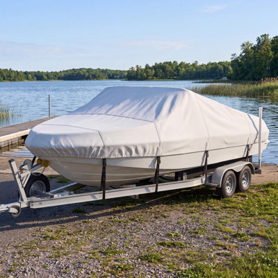 Heavy-Duty 600D Oxford V-Hull Boat Cover, Trailerable 9 Straps & Carry Bag, Fits 17-19ft Boats