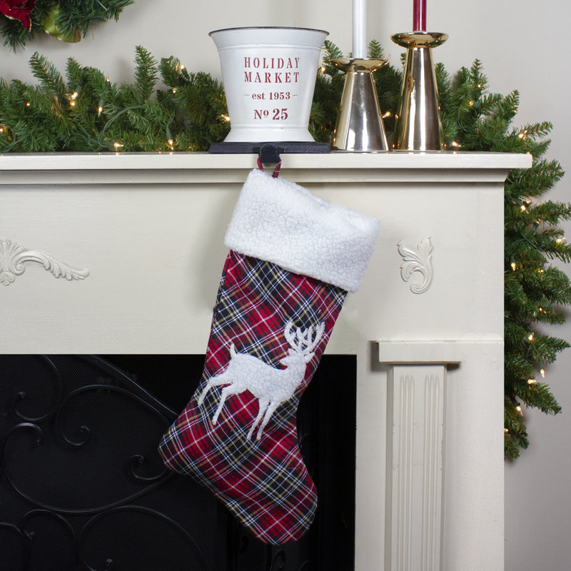 20" Black and Red Tartan Reindeer Christmas Stocking with Cuff