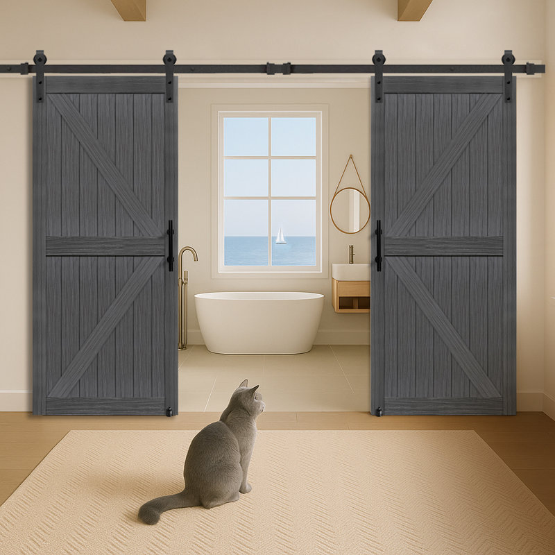 Porte de grange double en MDF avec porte coulissante S&Z TopHand®, dalle de porte de grange solide recouverte d'une surface en PVC imperméable