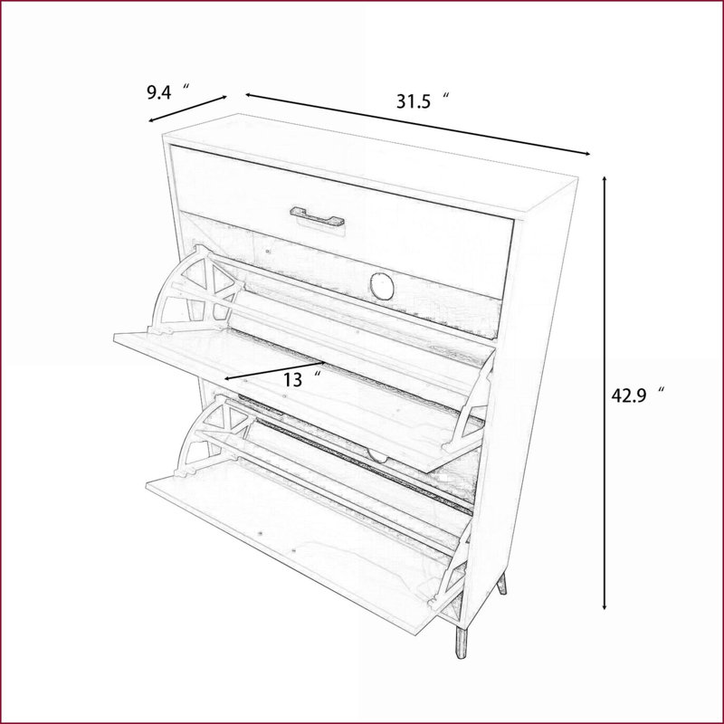 Armoire de rangement pour chaussures avec 2 tiroirs rabattables Pieds en métal, l 32 po x P 10 po x H 43 po, rouge cramoisi | Traditionnel | Entrée