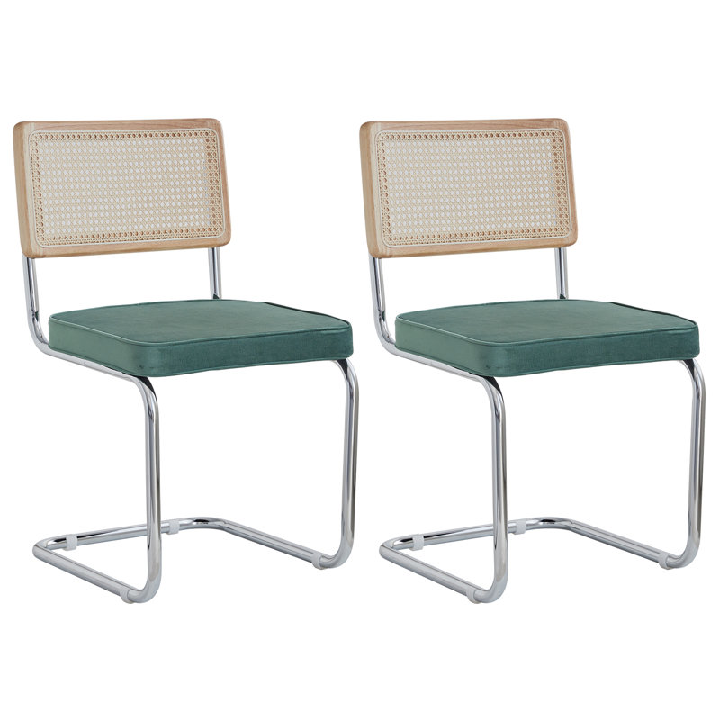 Chairs - Scandinavian Velvet Dining Chair - Rattan Back Chair - Metal Legs, 2, Green
