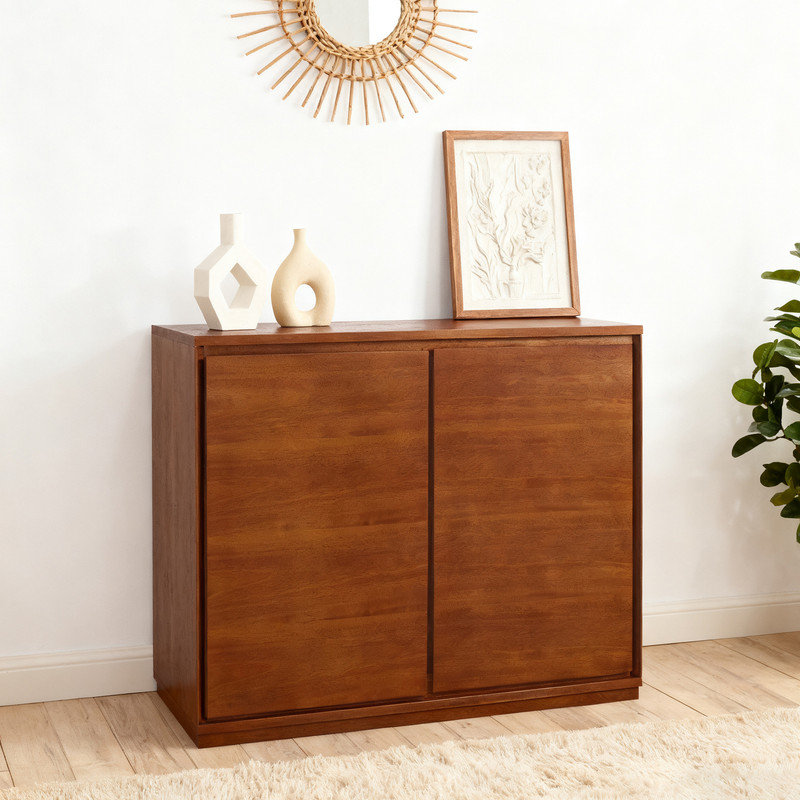 Walnut Finish Sideboard With 2 Outlet Holes, 39" Modern Buffet Storage Cabinet For Entryway, Living Room And Dining Room