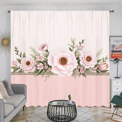 2Pcs Pink Floral Print Curtains, Rod Pocket Sun Blocking Drapes, Flower Pattern, Pastoral Style, All-Season Window Decor For Living Room Bedroom Study Home