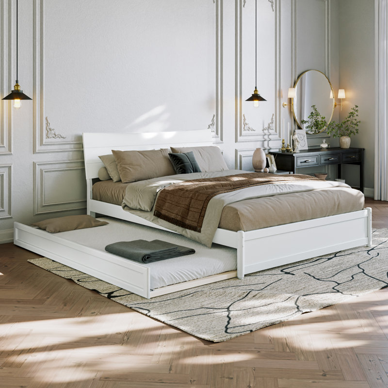 Harlowe Wood Platform Bed with Trundle, White, Queen