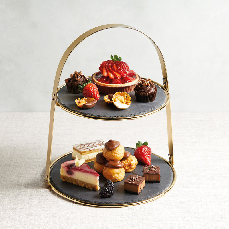 Artesá 2-Tier Brass Cake Stand with Round Slate Serving Platters