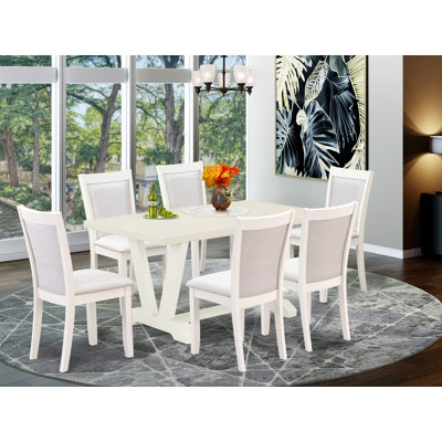 7-Pc Dining Set - a Dining Table with 6 Linen Fabric Dining Chairs - Wire Brushed Linen White Finish by Rosalind Wheeler
