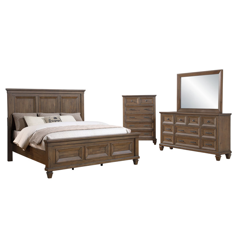 Ensemble de chambre à coucher en bois avec commode 4 pièces Gurkamal, brun moka, Très grand californien