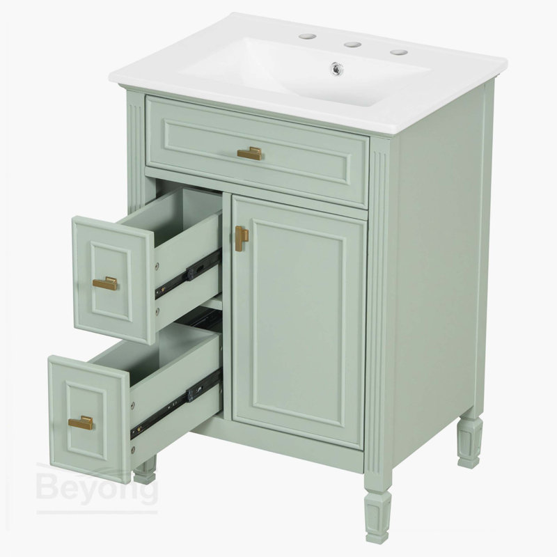 Meuble-lavabo de 24 pouces avec lavabo, armoire en bois massif et panneau de fibres à densité moyenne avec un tiroir rabattable, deux tiroirs standard et une tablette réglable, meuble-lavabo vert autoportant pour le rangement de la salle de bain
