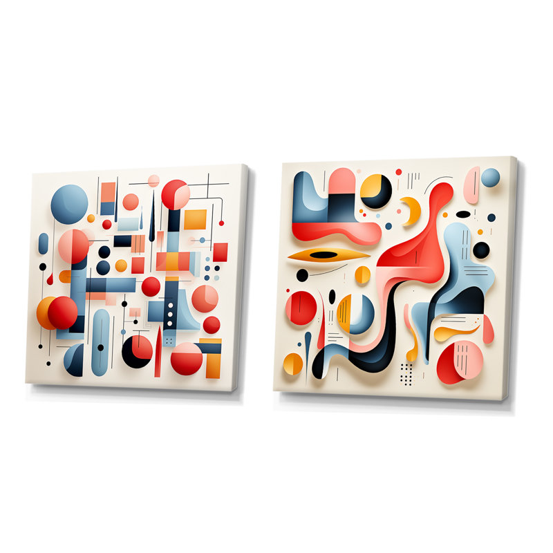 Minimalisme bleu et rouge Form I - ensemble de 2 décorations murales abstraites, Toile tendue, H 16 po x l 33 po x P 1 po
