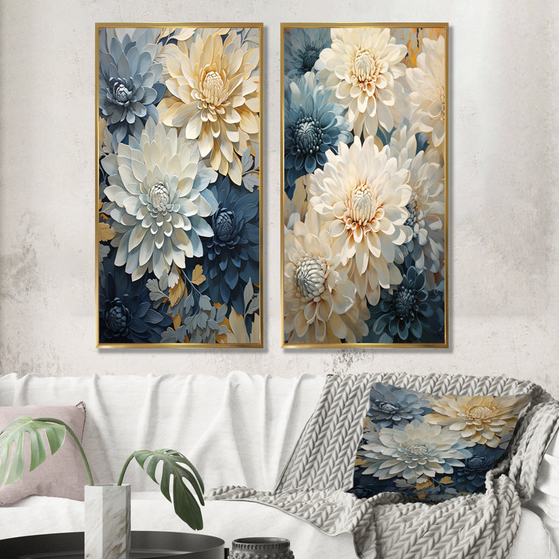 «Mums White and Blue Elegance - Mums», ensemble de 2 reproductions d'art sur toile, Encadrement doré, H 28 po x l 25 po