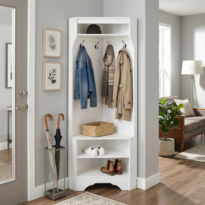 Minimalist Corner Hall Tree Fits Living Room Bedroom Use with Space Saving Layout, Adjustable Shelves, 4 Hooks & Storage Bench