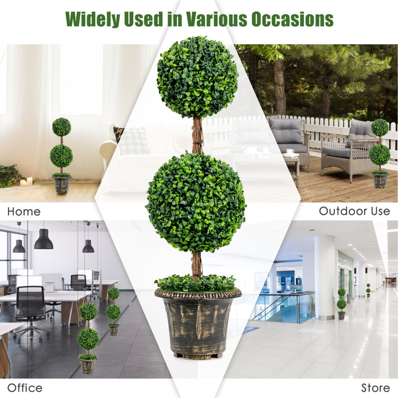 36'' Green Plastic Double Ball Topiary in Cement Pot