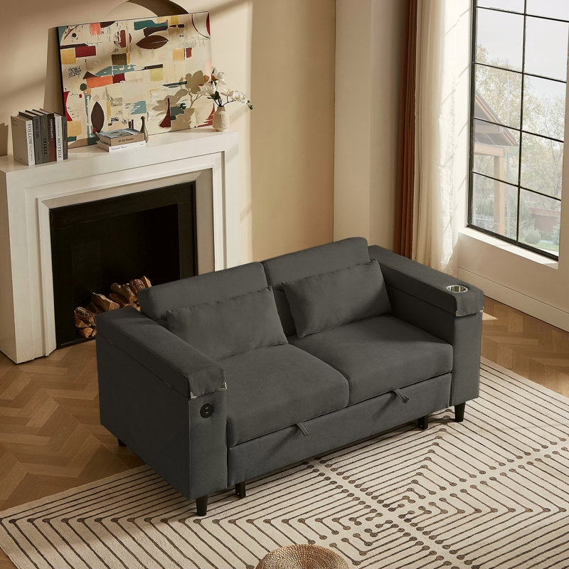 Canapé en chenille gris foncé avec table d'appoint et port USB, convertible en lit pour plus de confort et de commodité