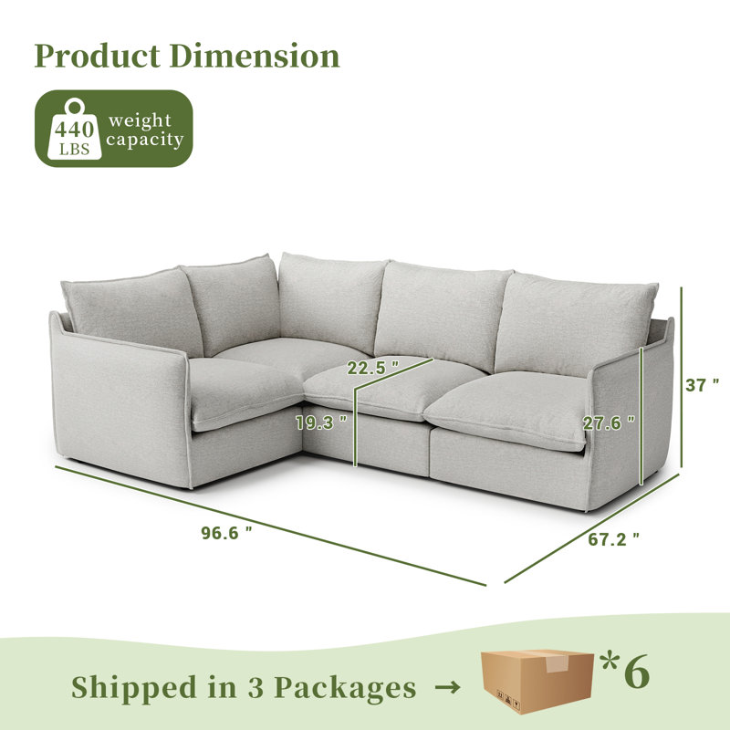 Upholstered Sectional , Cloud Sofa, 4 Seater Modular Sectional Sofa, Down Filled Comfort L-shaped Sofa for Living Room, Bedroom