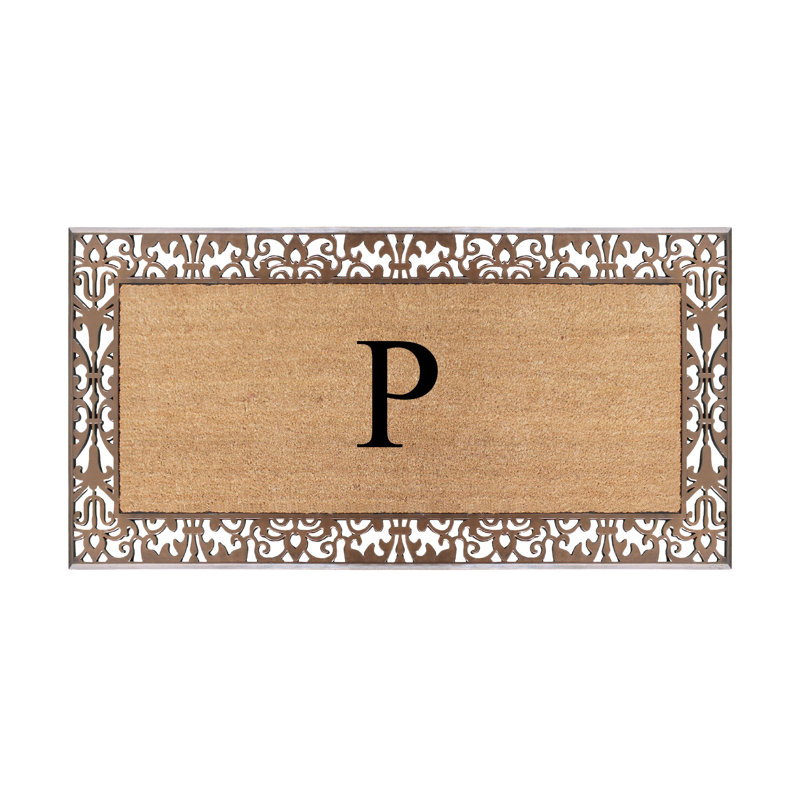Dyari Natural Coir & Rubber Paisley Border Monogram Non-Slip Door Mat, 30"x60", Bronze, Heavy-Duty Low-Profile Outdoor Front Porch