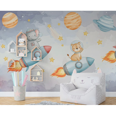 Décalcomanie murale Space Lion sur fusée | Éléphant, espace mural | Papier peint Outer Space | Étoiles et planètes, art mural | Art astronomique (non tissé)