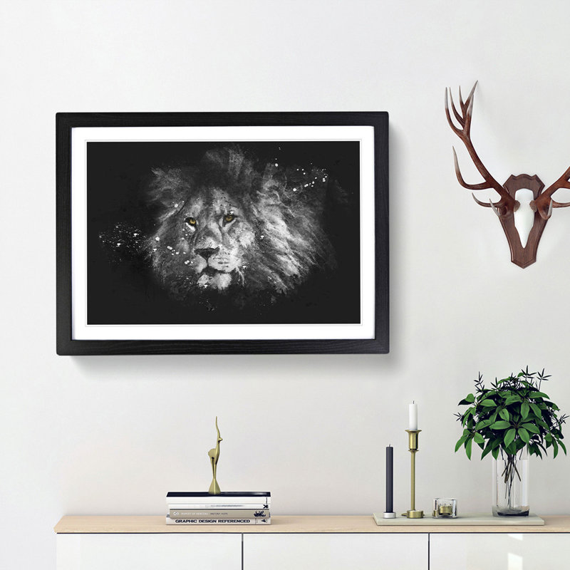 Lion With Piercing Eyes Paint Splash - Picture Frame Graphic Art, 33cm H x 45cm W x 2cm D, Black Framed