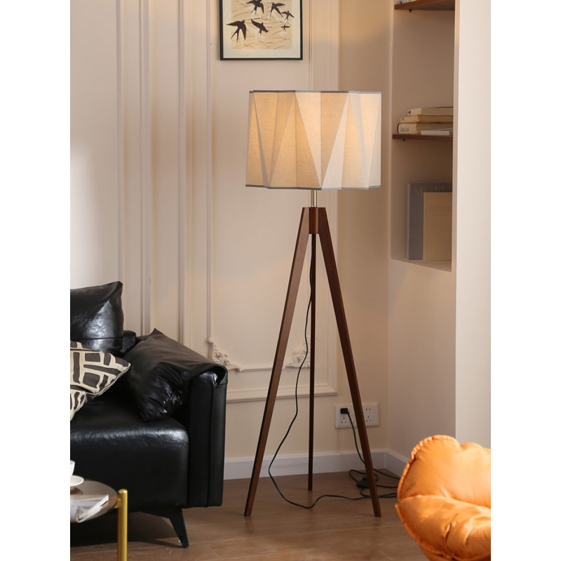 Chinese Vintage-Style PVC Fabric & Rubber Wood Floor Lamp