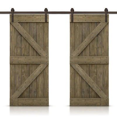 Porte de grange double à panneaux en bois teinté K Series avec ensemble de quincaillerie coulissante