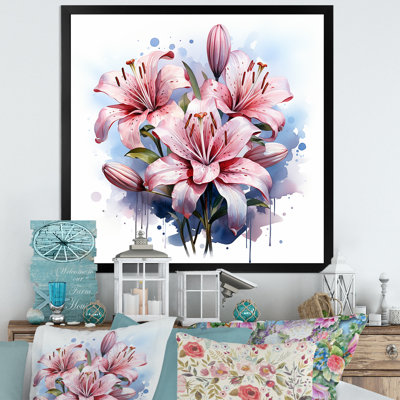 «Blooming Pink Lilies Watercolor I», art mural lys