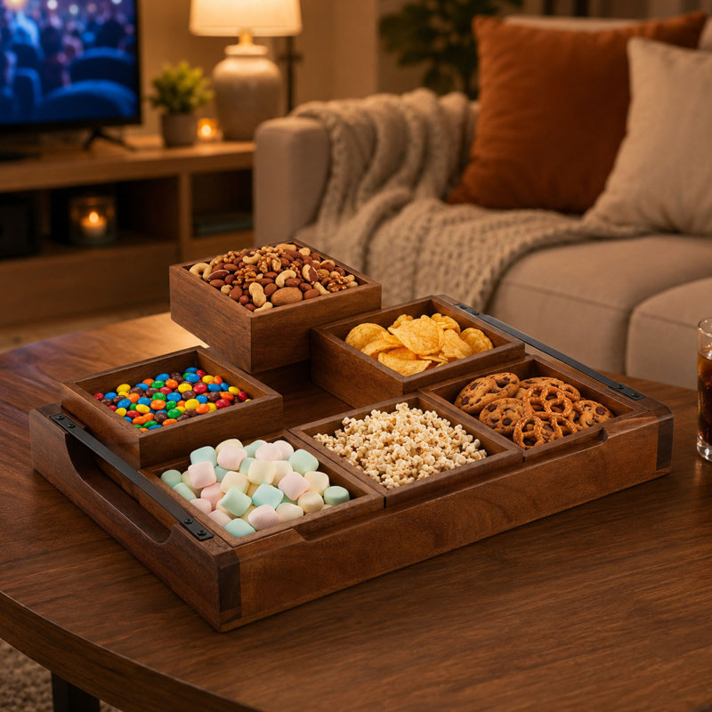 Acacia Wood Modular Serving Tray, Removable Snack Sections