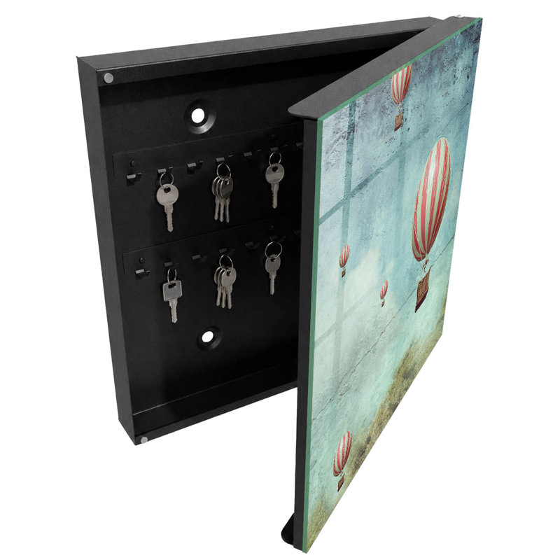 Key box for wall, Opens to the right, 30x30x5, Black, Balloons in a Pastel Sky, 