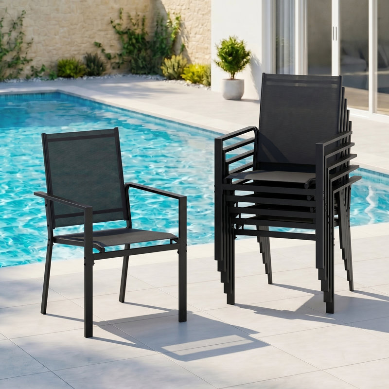 7-piece Outdoor Patio Rectangular Dining Table Set With 6 Stackable Pvc-coated Polyester Fabric Armchairs-c-b